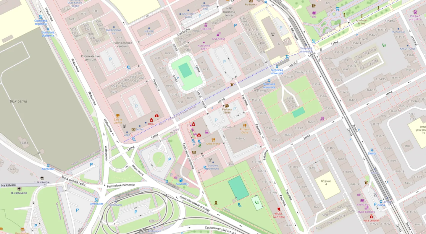 Mapa okolia Letnej ulice v Košiciach